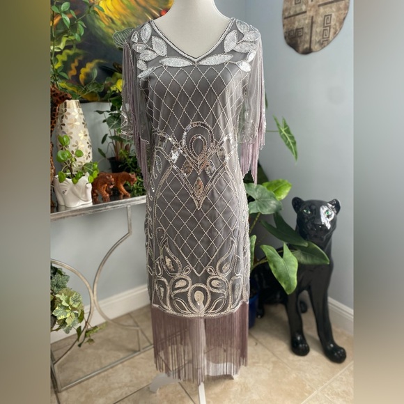 Metme Silver Sequin Fringe Women’s Dress Sz Medium Mermaidcore Balletcore - Picture 5 of 12